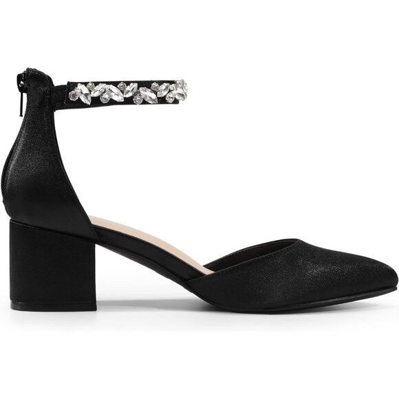 Dream Pairs Women's Black-rhinestone Closed Toe Low Block Ankle Strap Heels - Picture 7 of 8